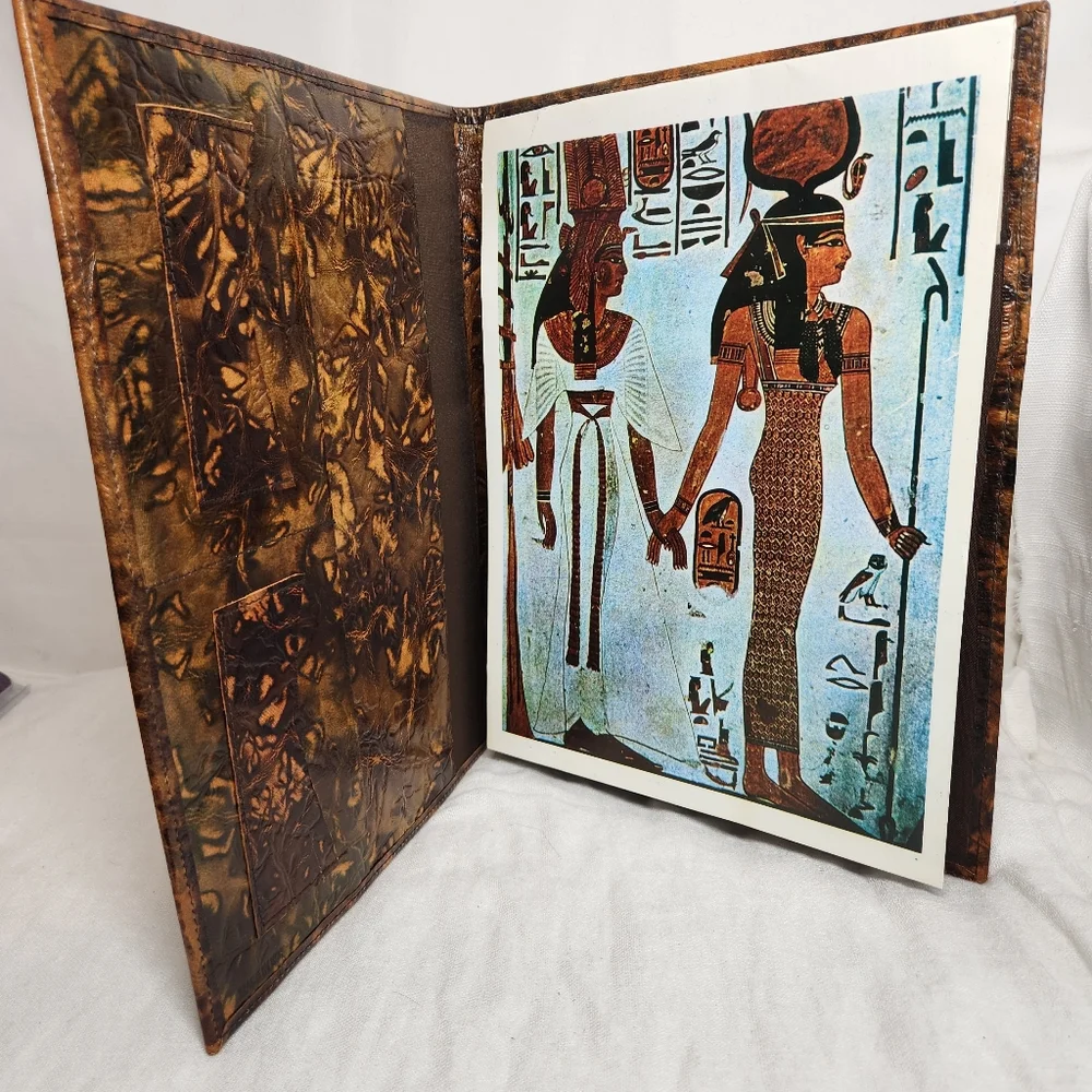 Vintage King Tut Nefertari Camel Leather Embossed Portfolio Padded Notebook